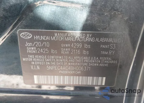 2011 Hyundai Sonata Se z USA, uszkodzony, nr VIN 5NPEC4AC4BH006371